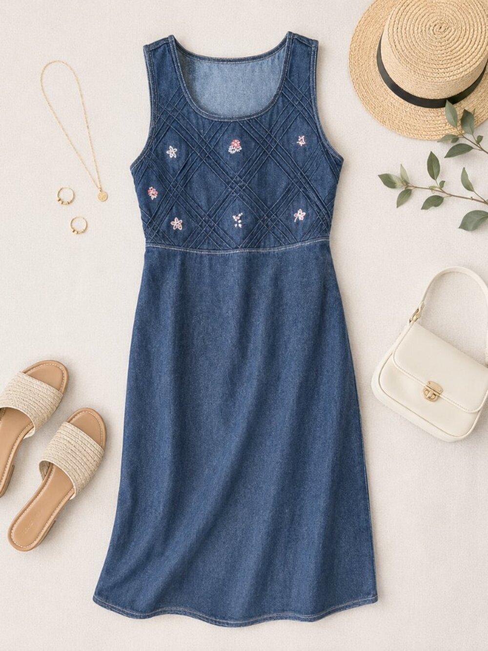 Koret City Blues Denim Jumper Dress S Embroidered Sleeveless Cotton USA